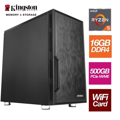 AMD Ryzen 5 5500GT 6 Core 12 Threads 3.60GHz (4.40GHz Boost) 16GB Kingston DDR4 RAM, 500GB Kingston NVMe, with Wi-Fi 6 + BT Card – Stylish Black Antec Case – Pre-Built System