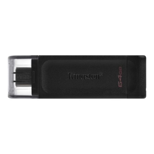 Kingston DT70/64GB DataTraveler 64GB USB Flash Drive, USB 3.2,  USB-C, Gen1, 80MB/s, Clear Cap, Black, Retail.