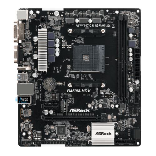 ASRock B450M-HDV R4.0 Super Alloy AMD AM4 Socket Motherboard, Micro-ATX, 2x DDR4 Slots, 1x M.2 Socket, GbE LAN, 1x D-Sub / 1x DVI-D / 1x HDMI Port