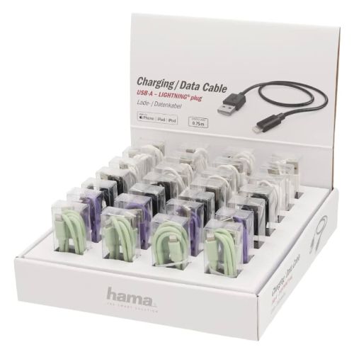 Hama Charging/Data USB-A to Lightning Cable x28 Multipack, 480Mbps, 0.75 Metre, Various Colours, Display Case, MFI Certified