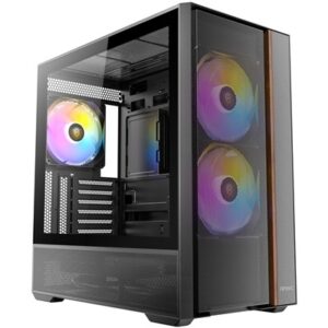 Antec FLUX Rear Mid Tower Gaming Case, 1 x USB Type-C / 2 x USB 3.0, Tempered Glass Side Window Panel, Multi-directional Vent Design, Walnut Wood Accents, 3 x Pre-Installed High-Performance PWM Fans , E-ATX (=330mm), ATX, Micro-ATX, ITX Compatible