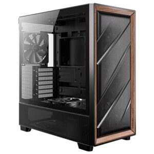 Antec FLUX Mid Tower Gaming Case, 1 x USB Type-C / 2 x USB 3.0, Tempered Glass Side Window Panel, Multi-directional Vent Design, Walnut Wood Accents, 5 x Pre-Installed PWM Fans, E-ATX (=330mm), ATX, Micro-ATX, ITX Compatible