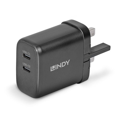 Lindy 65W USB 2 x Type C Charger, Input UK Plug, Output 2 x USB Type C Female, Black Lindy 65W USB 2 x Type C Charger, Input UK Plug, Output 2 x USB Type C Female, Black