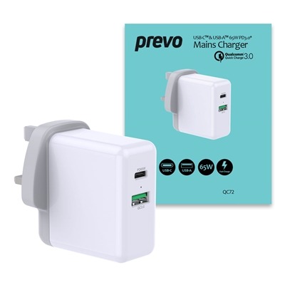 Prevo QC72 65W USB Type-C & USB Type-A Fast Charge Mains Charger with Qualcomm Quick Charge 3.0 and 1.5m 100W USB-C Cable for Laptops, Ultrabooks, Chromebooks, iPads, MacBooks, Smartphones, Tablets, Mobile Devices, Action Cameras, DSLRs Prevo QC72 65W USB Type-C & USB Type-A Fast Charge Mains Charger with Qualcomm Quick Charge 3.0 and 1.5m 100W USB-C Cable for Laptops, Ultrabooks, Chromebooks, iPads, MacBooks, Smartphones, Tablets, Mobile Devices, Action Cameras, DSLRs
