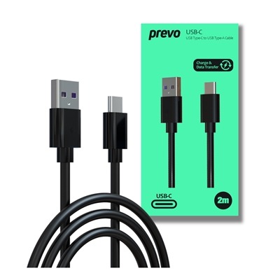 Prevo USBA-USBC-2M Data Cable, USB 2.0 Type-A (M) to USB 2.0 Type-C (M), 2m, Black, Fast Charging up to 2.1A / 5V, Nickel Plated Connectors, Superior Design & Performance, Retail Box Packaging Prevo USBA-USBC-2M Data Cable, USB 2.0 Type-A (M) to USB 2.0 Type-C (M), 2m, Black, Fast Charging up to 2.1A / 5V, Nickel Plated Connectors, Superior Design & Performance, Retail Box Packaging