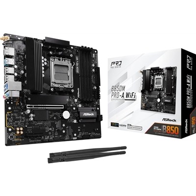ASRock B850M Pro-A WiFi AMD AM5 Socket Motherboard, Micro-ATX, 4x DDR5 Slots, 3x M.2 Sockets, 2.5GbE LAN, Wi-Fi 6E, 1x DisplayPort / 1x HDMI Port ASRock B850M Pro-A WiFi AMD AM5 Socket Motherboard, Micro-ATX, 4x DDR5 Slots, 3x M.2 Sockets, 2.5GbE LAN, Wi-Fi 6E, 1x DisplayPort / 1x HDMI Port