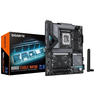 Gigabyte B860 EAGLE WIFI6E Intel 1851 Socket Motherboard, ATX, 4x DDR5 Slots, 3x M.2 Sockets, Fitted I/O Shield, 2.5GbE LAN, Wi-Fi 6E, 1x DisplayPort / 1x HDMI Port Gigabyte B860 EAGLE WIFI6E Intel 1851 Socket Motherboard, ATX, 4x DDR5 Slots, 3x M.2 Sockets, Fitted I/O Shield, 2.5GbE LAN, Wi-Fi 6E, 1x DisplayPort / 1x HDMI Port