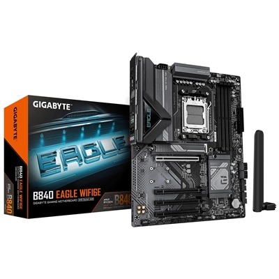 Gigabyte B840 EAGLE WIFI6E AMD AM5 Socket Motherboard, ATX, 4x DDR5 Slots, 3x M.2 Socket, Fitted I/O Shield, 2.5GbE LAN, Wi-Fi 6E, 1x DisplayPort / 1x HDMI Port Gigabyte B840 EAGLE WIFI6E AMD AM5 Socket Motherboard, ATX, 4x DDR5 Slots, 3x M.2 Socket, Fitted I/O Shield, 2.5GbE LAN, Wi-Fi 6E, 1x DisplayPort / 1x HDMI Port